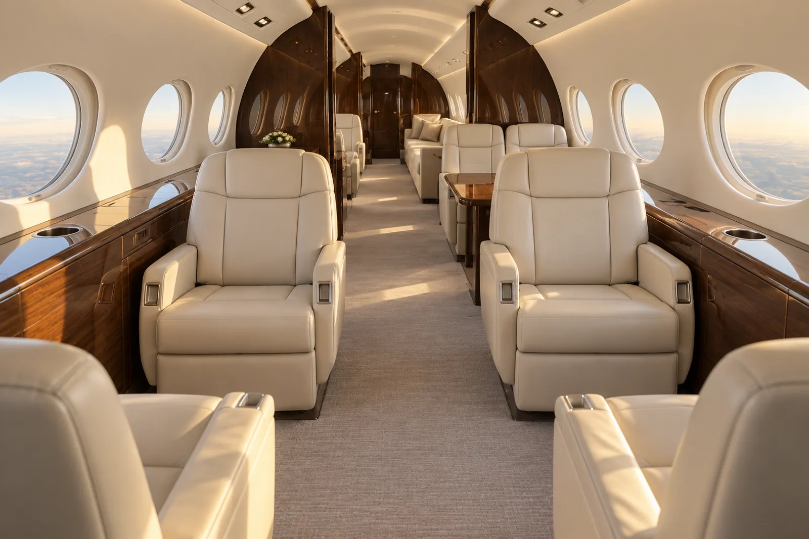 An eye-level view looking aft through a spacious Gulfstream G650 cabin shows cream leather club seats, a dining group and an aft divan, polished wood veneer and large oval windows in warm natural light.