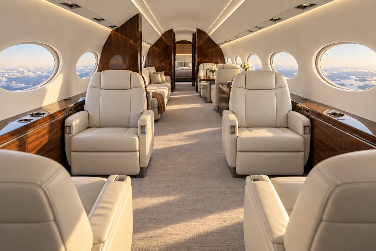 An eye-level view aft through a spacious Gulfstream G700 cabin shows cream leather club seats, broad oval windows, warm wood veneer and a divan and dining area leading to an aft suite.