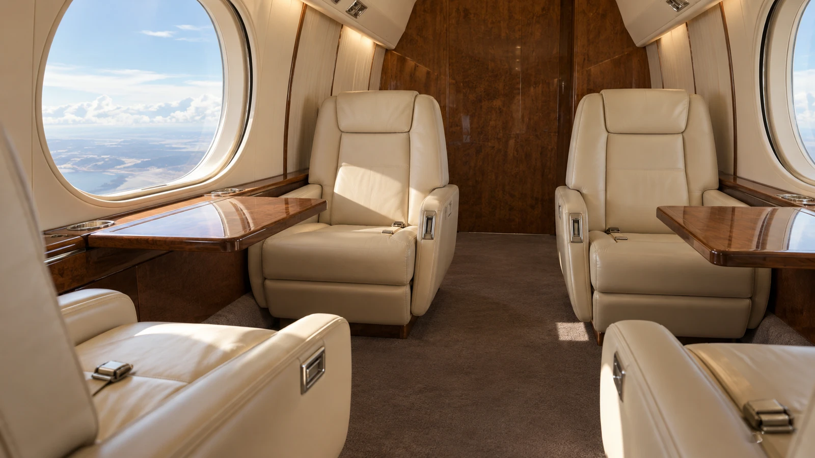Illustration of a representative Gulfstream II club area with four opposed chairs, large oval windows and sidewall tables