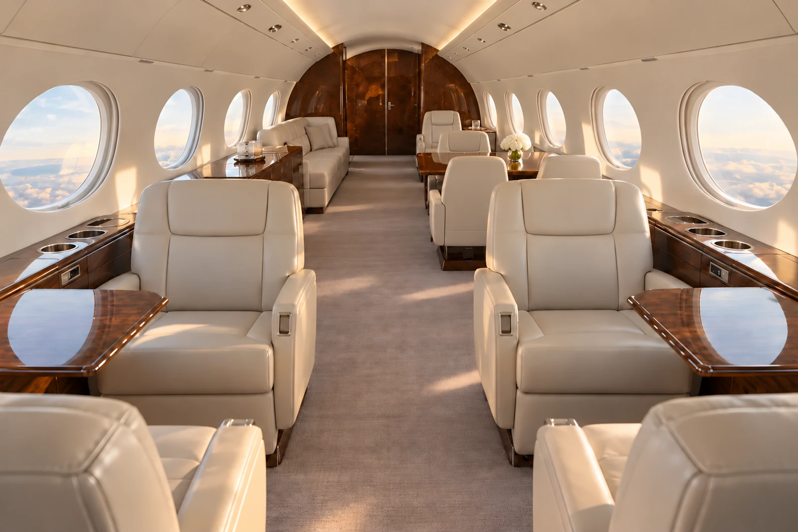 Representative Gulfstream V cabin looking aft, with port dining group and one starboard aft divan; actual interiors vary