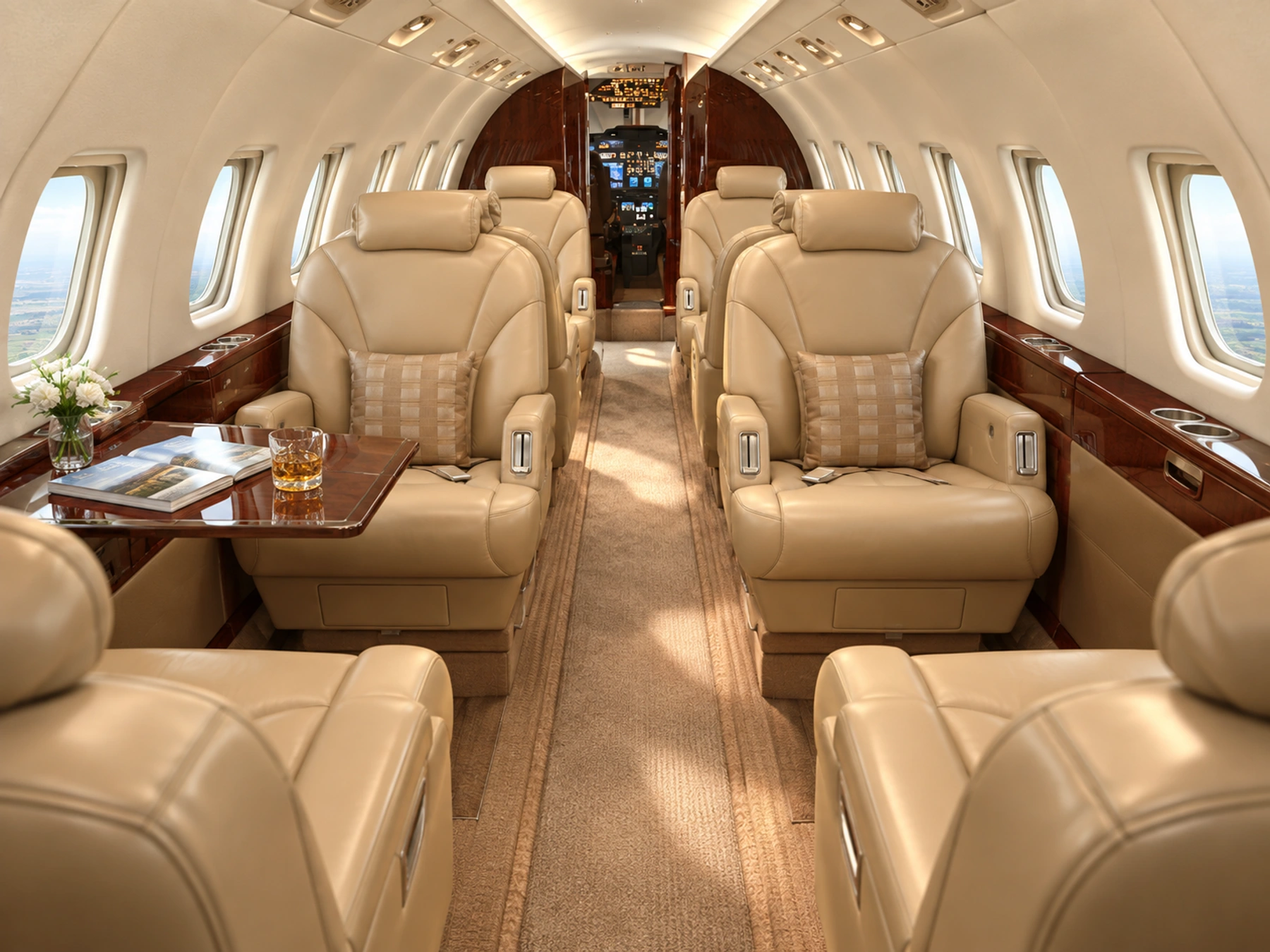 Hawker 1000 eight-passenger example. Representative illustration; actual interiors vary.