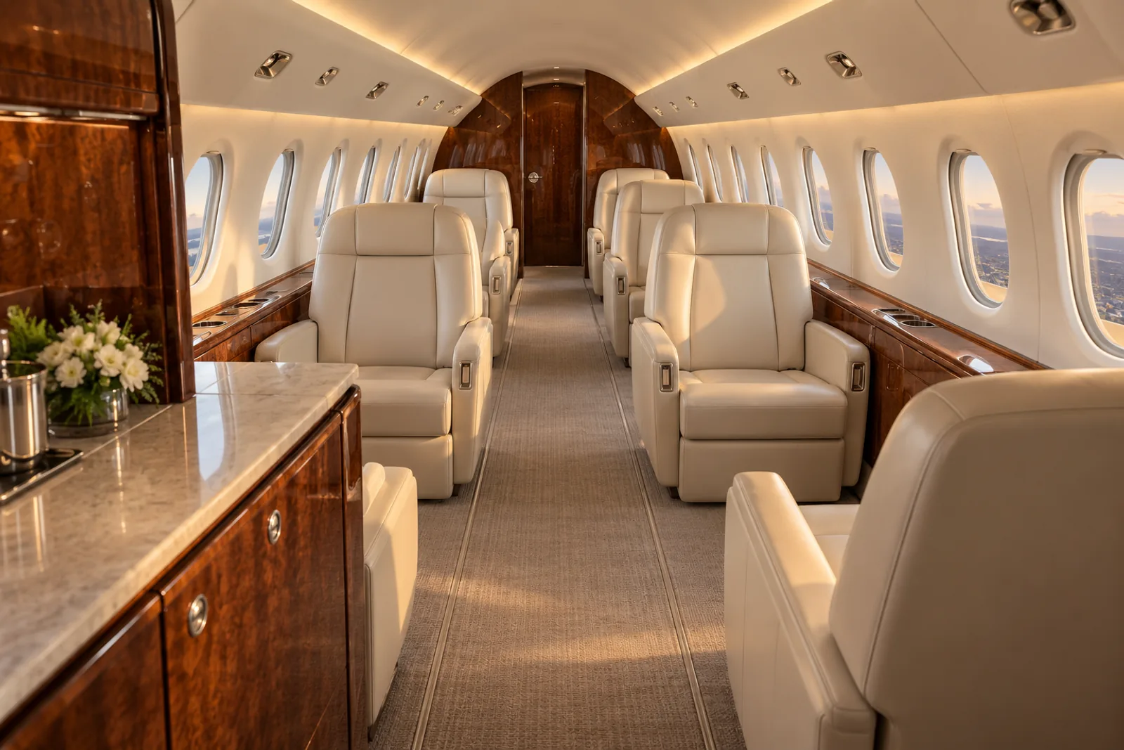 Illustration of the Hawker 4000 type cabin, looking aft through two cream leather seating clubs, with walnut veneer, oval windows and a flat central aisle.