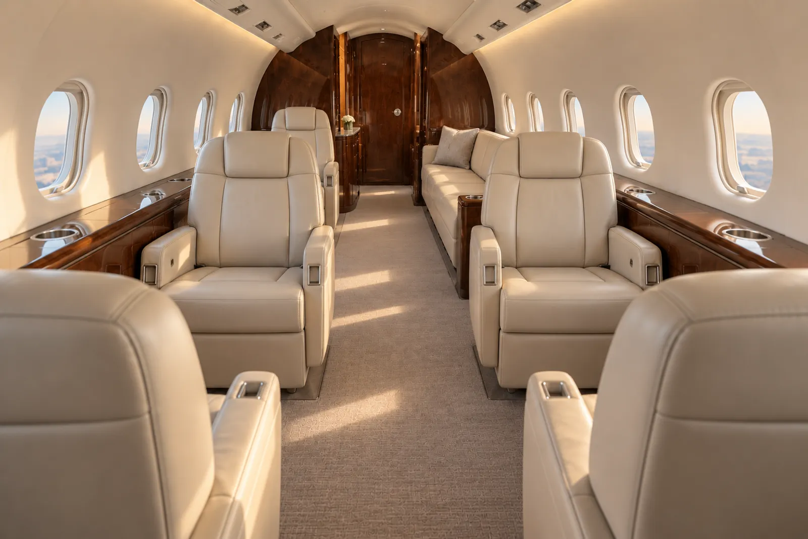 An aft-looking view of a compact Hawker 800XP cabin shows cream leather club chairs, an aft chair opposite a three-place divan, oval windows, walnut veneer and warm natural light.