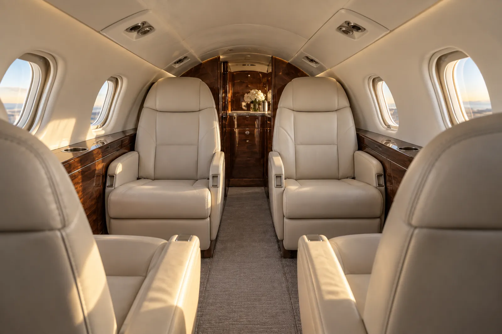 Warm sunlight illuminates four cream leather club seats, walnut side cabinetry and three oval windows per side in the HondaJet HA-420’s low, narrow cabin, viewed aft toward the lavatory door.