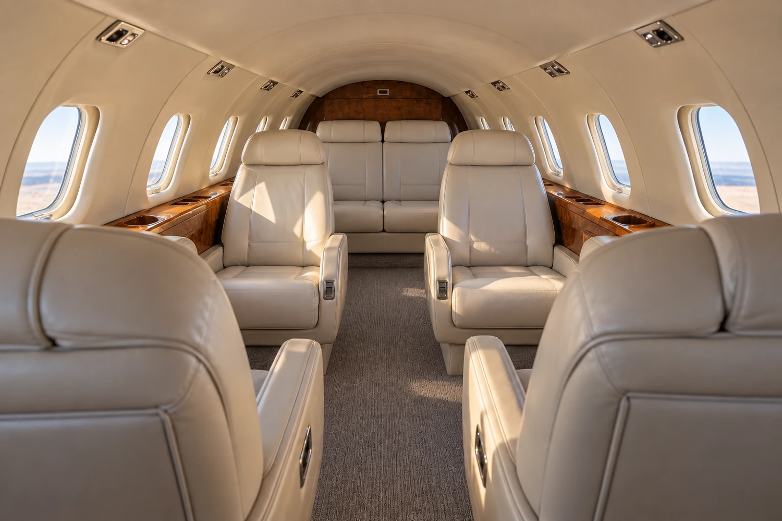 Representative Learjet 35A cabin looking aft, with four club chairs and a two-place rear bench; actual interiors vary