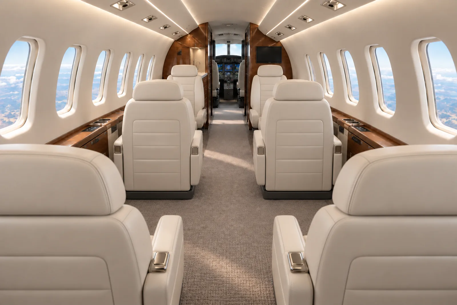 Illustration of a Learjet 70 type cabin, 59 inches high and 61 inches wide, with six main-cabin chairs, a forward four-seat facing club and two aft forward-facing chairs