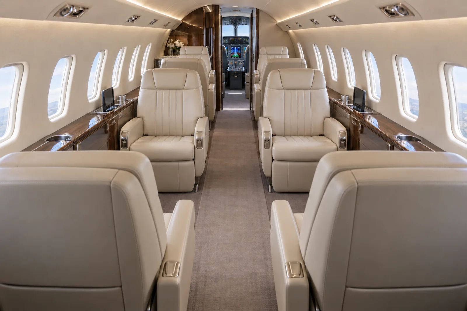 Illustration of a Learjet 75 type cabin, 59 inches high and 61 inches wide, with eight passenger chairs in two facing clubs