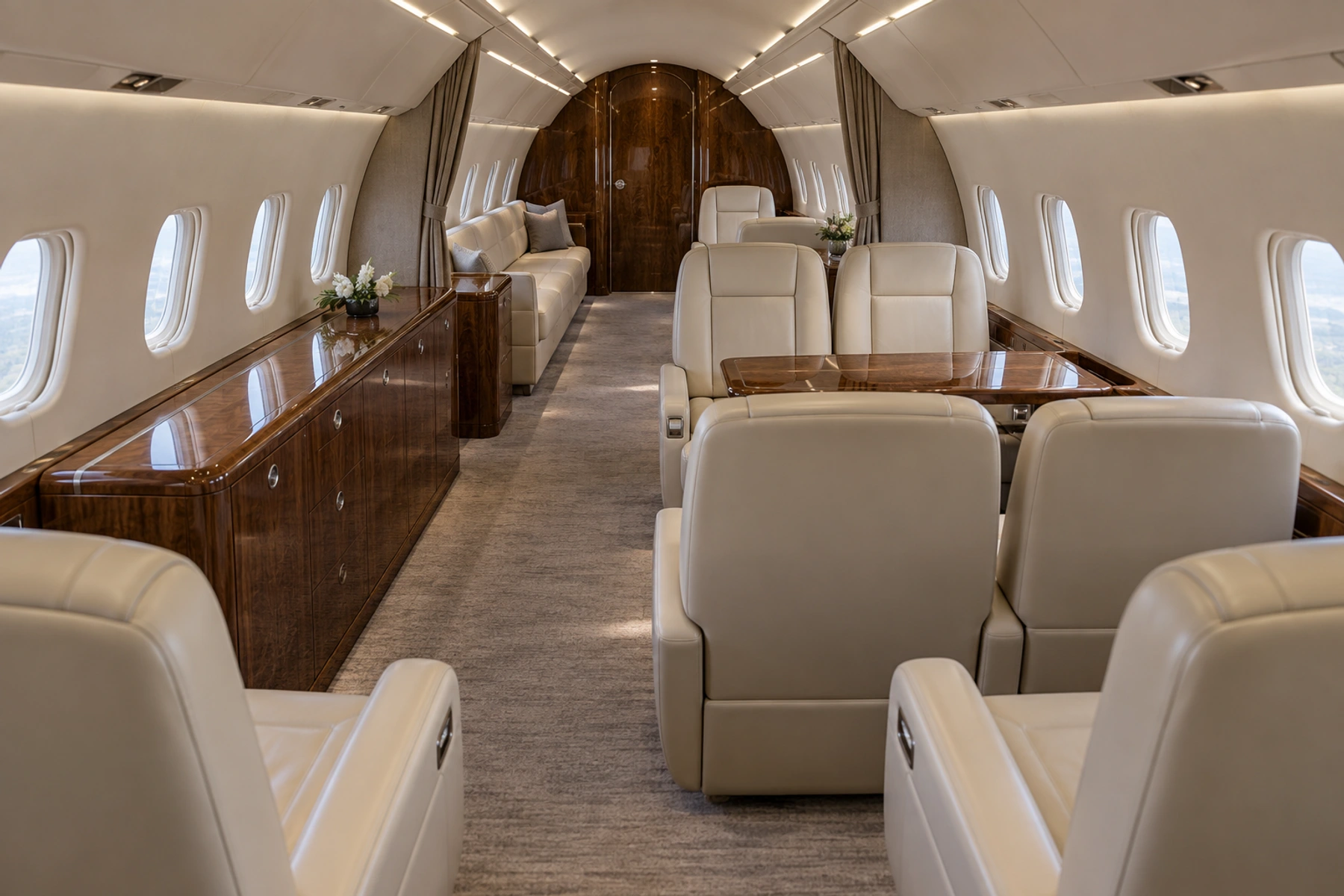 Representative Legacy 600 LX-OLA cabin looking aft, with port conference seating and starboard aft divan