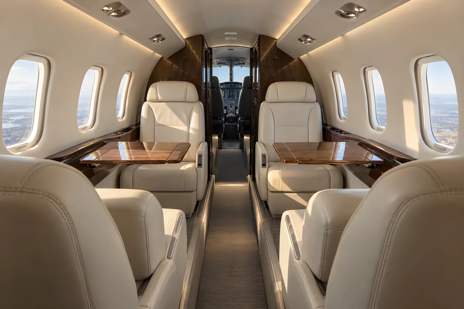 Generated type illustration of a conventional Phenom 300E cabin, with cream leather chairs, walnut side ledges, rounded rectangular windows and a narrow recessed aisle under a low curved ceiling. Individual aircraft interiors vary.