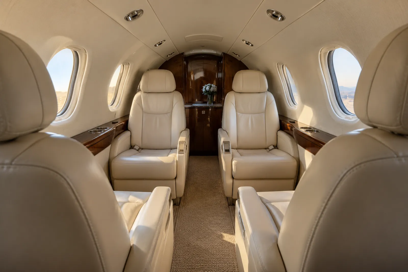 Warm sunlight illuminates cream leather seating, polished wood veneer and upright oval windows in the low, narrow Embraer Phenom 300 cabin, viewed aft along its recessed aisle.