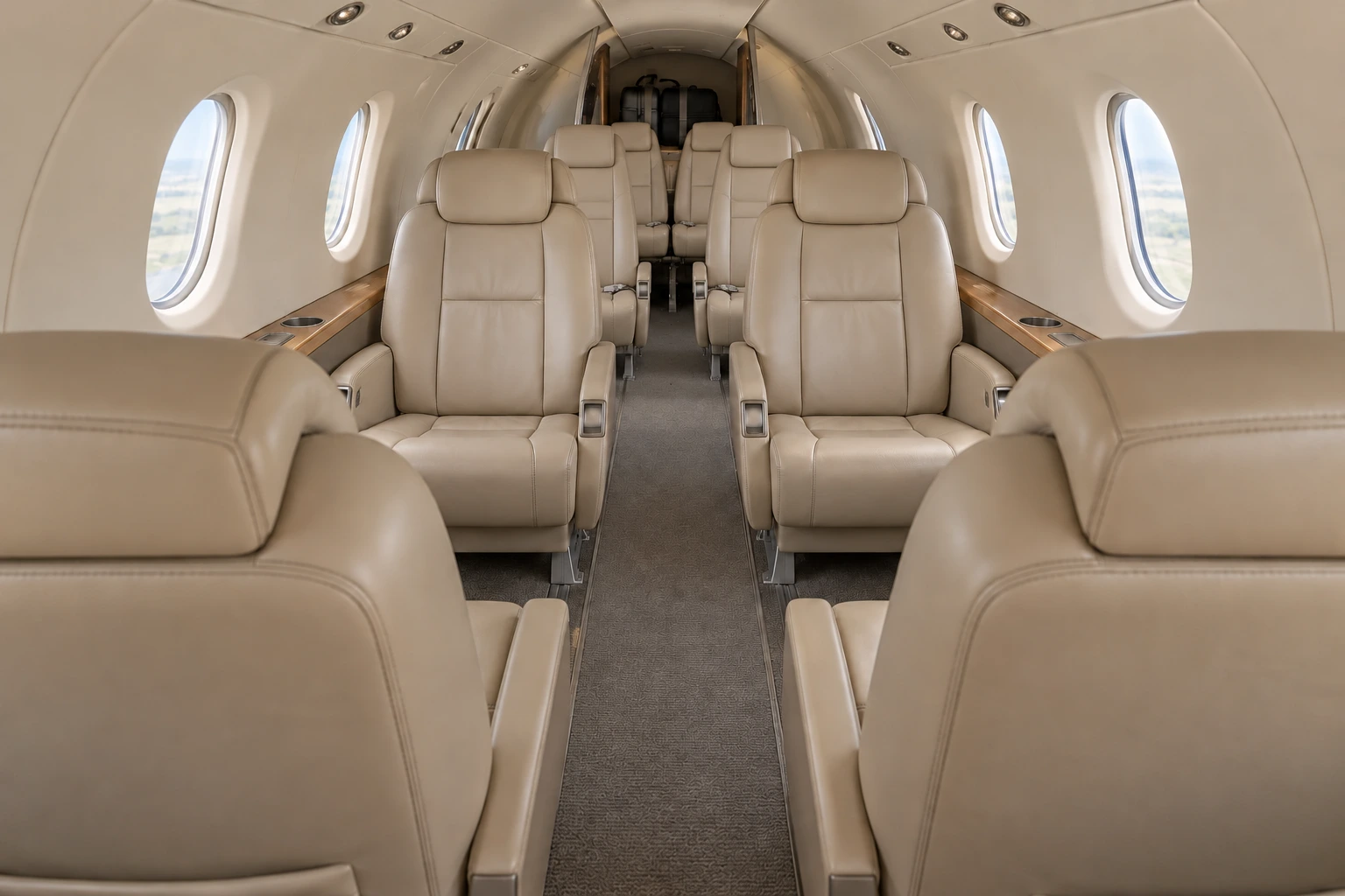 Illustration of a representative PC-12/47 cabin with six executive chairs and two standard seats