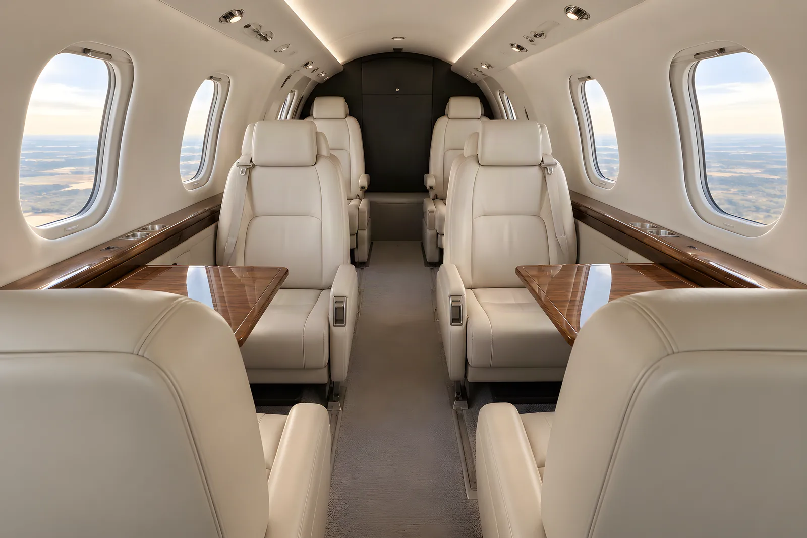 A low, narrow Pilatus PC-12 NGX cabin with six cream leather chairs, a forward seating club, two aft chairs and wood side ledges. The type cabin is 4 ft 10 in high and 5 ft wide.
