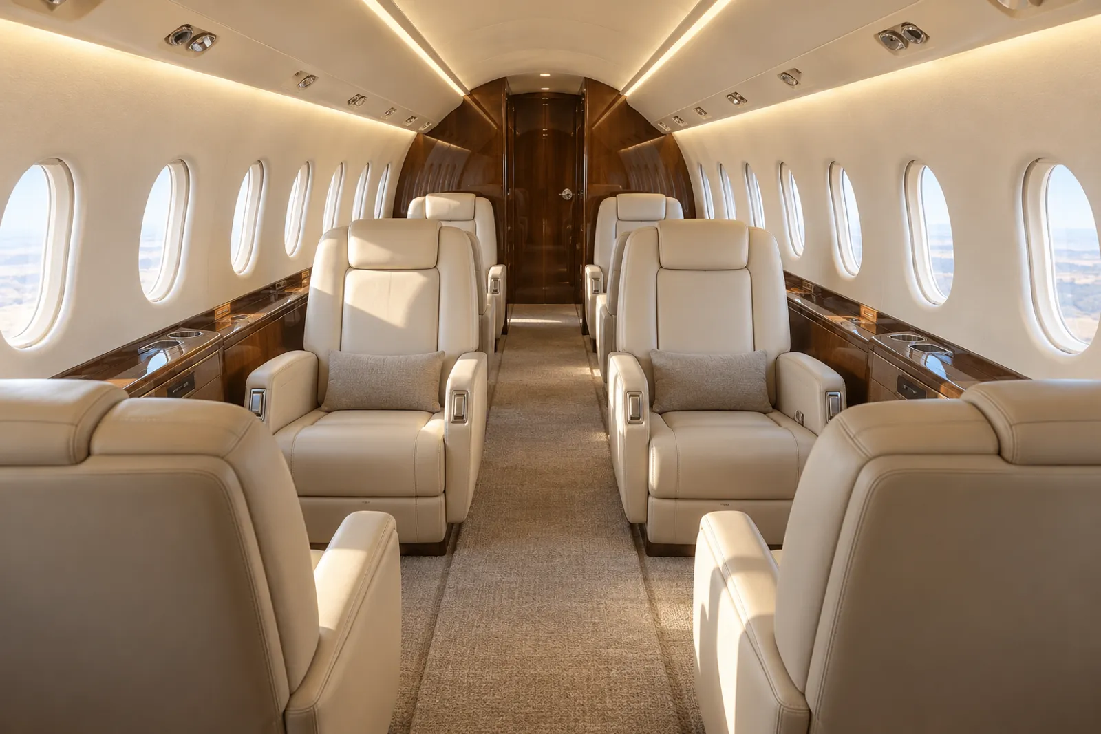 An eye-level view looking aft through an Embraer Praetor 600 cabin shows cream leather club seats, wood veneer, oval windows and a flat central aisle in warm natural light.