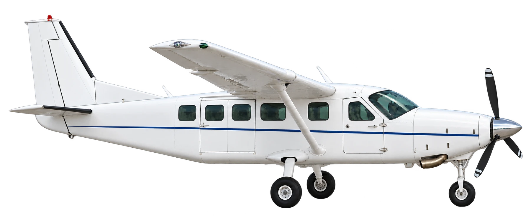 Short Cessna 208 675 hp passenger-version design illustration with a conventional three-blade propeller and wheels. Actual paint, propeller, pod, floats and installed modifications vary.