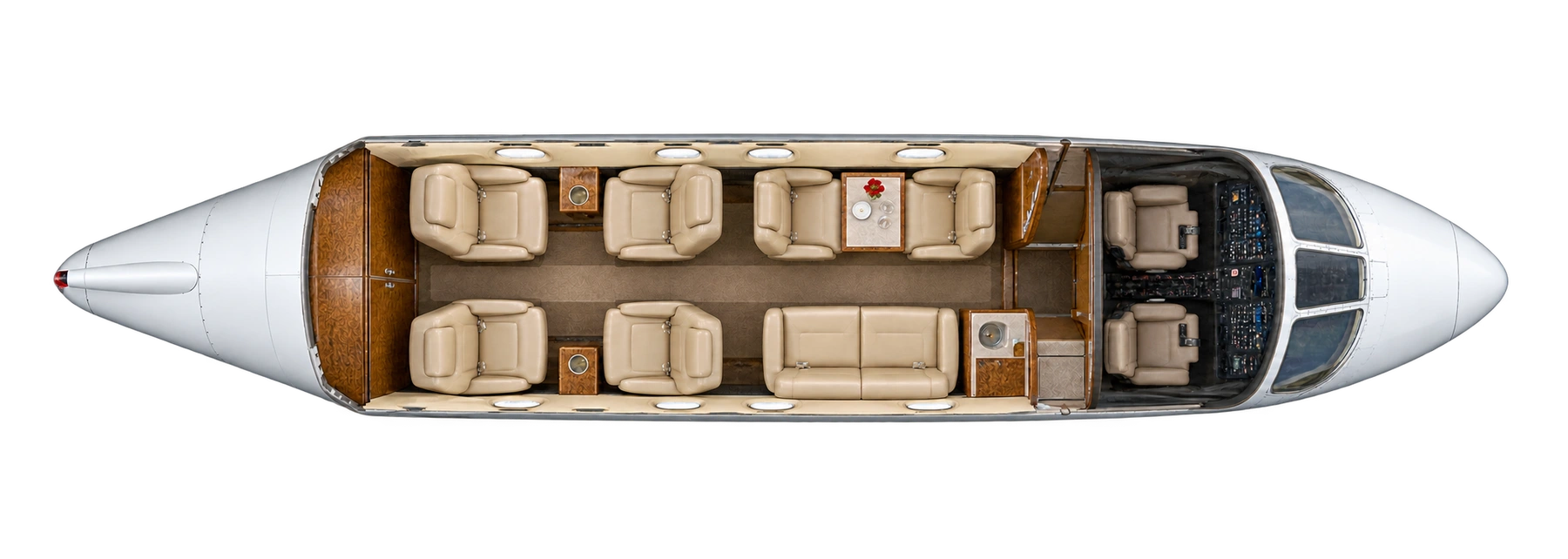 Top-down view of a Original Astra eight-passenger example cabin. Six chairs and a two-place divan. Photo-reconstructed representative seating arrangement; crew and closed rear service area excluded. Actual completion varies.
