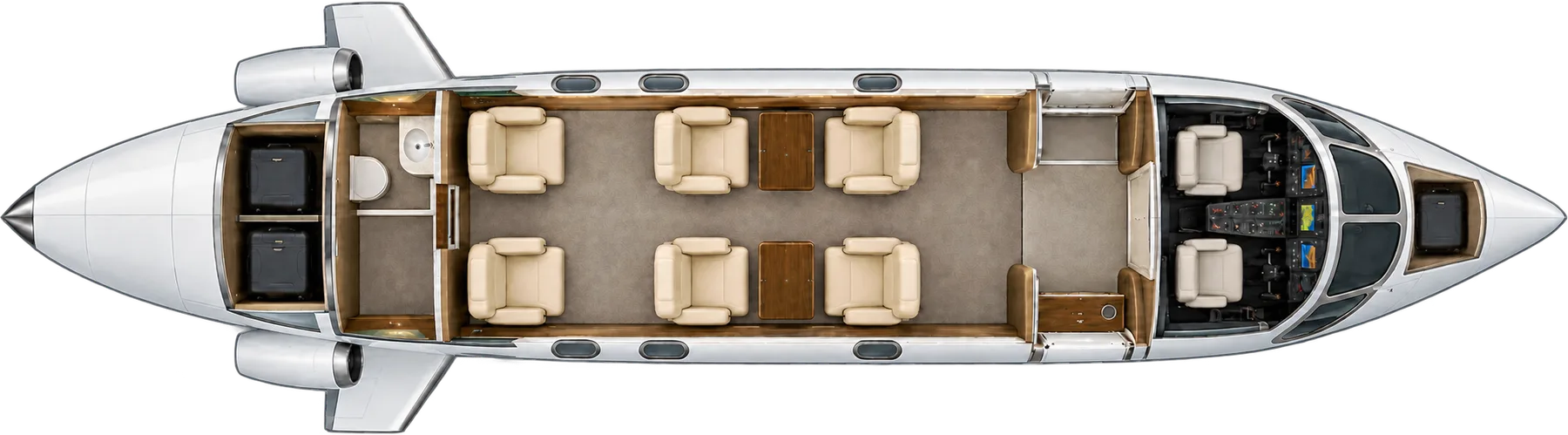 Top-down view of a Beechcraft Premier 1 cabin. Typical 6-passenger layout: a club of four, two forward-facing aft seats, forward refreshment cabinet, aft lavatory.