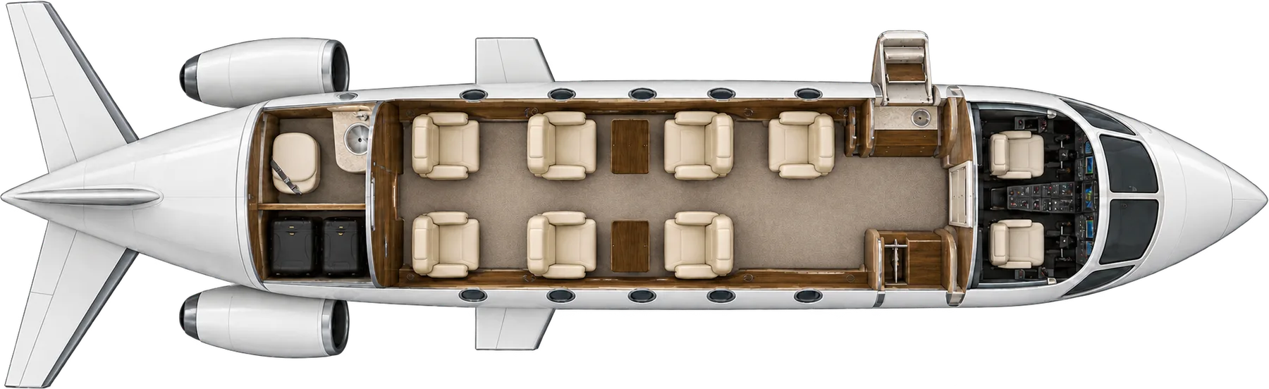 Top-down view of a Beechcraft 400A cabin. Typical 8-passenger layout: a center club of four, one forward aft-facing chair, two aft forward-facing chairs, and a belted aft lavatory seat.