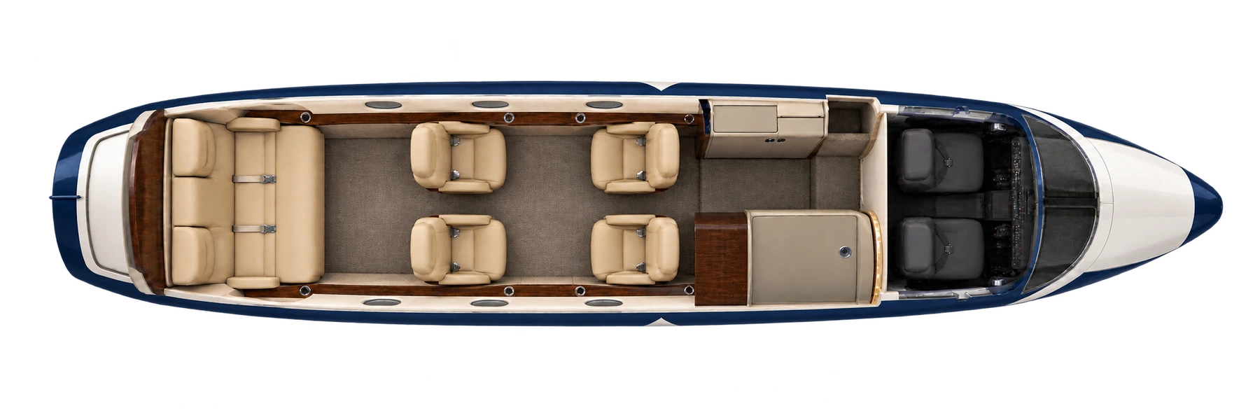 Top-down view of a Beechjet 400 seven-passenger example cabin. Four club chairs and a three-place aft bench. Photo-reconstructed representative arrangement; crew and forward lavatory excluded. Actual completion varies.