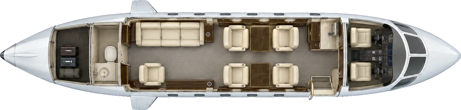 Top-down view of a Bombardier Challenger 300 cabin. Typical 8-passenger layout: a club of four, a three-place divan and a club seat, aft lavatory.