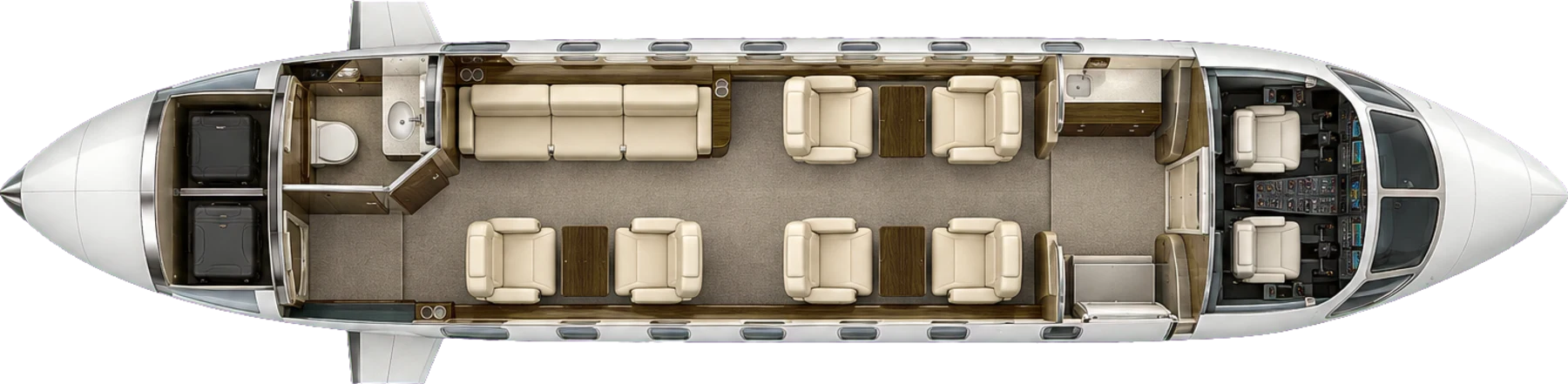 Top-down view of a Bombardier Challenger 350/3500 cabin. Typical 9-passenger layout: a club of four, two club seats facing a three-place divan, aft lavatory.