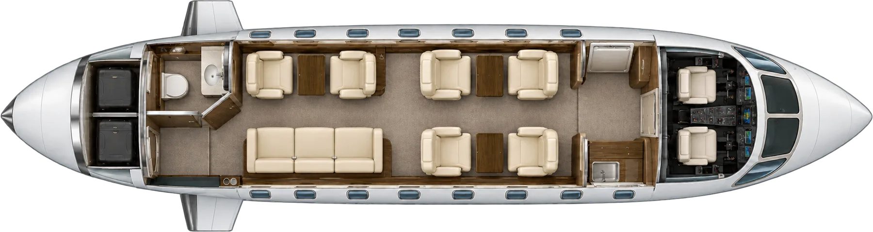 Top-down view of a Canadair Challenger 600 cabin. Typical 9-passenger layout: a club of four, two club seats opposite a three-place divan, forward galley, aft lavatory.