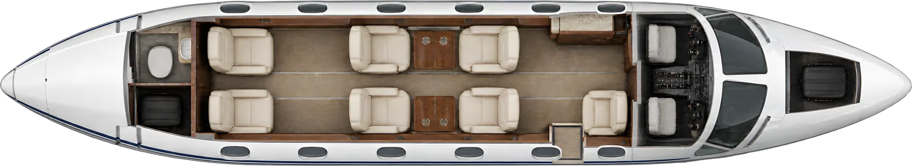 Top-down view of a Cessna Citation Bravo cabin. Illustrative 7-passenger layout: central four-seat club, two rear chairs and one forward chair; aft lavatory.