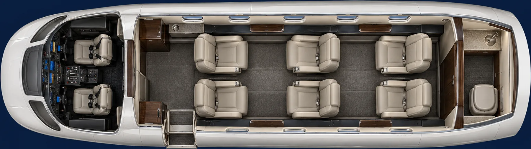 Top-down view of a Cessna Citation CJ2+ cabin. Representative six-main-seat cabin: four-seat club and aft pair. Belted lavatory position is separate. Interiors vary by aircraft.