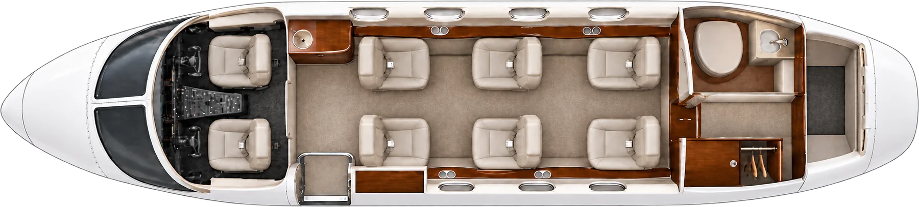 Top-down view of a Cessna Citation CJ2 cabin. Representative six-passenger layout: four-chair club and two aft forward-facing chairs; two crew separate, forward service area and aft lavatory. Individual aircraft vary.