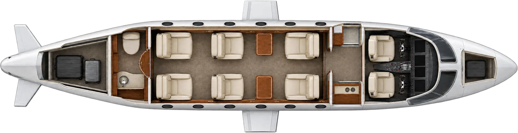 Top-down view of a Cessna Citation CJ2+ cabin. Typical 6-passenger layout: a club of four, two aft forward-facing seats, forward refreshment center, aft lavatory.