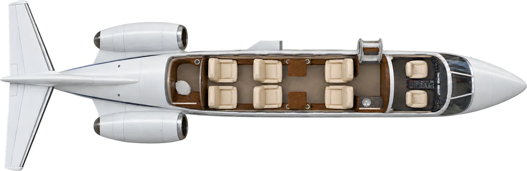 Top-down view of a Cessna Citation CJ3+ series cabin. Illustrated 6-main-seat CJ3/CJ3+ completion: forward club of four, two aft forward-facing chairs, forward refreshment cabinet and compact aft lavatory. Optional seats omitted; main wings omitted for clarity.