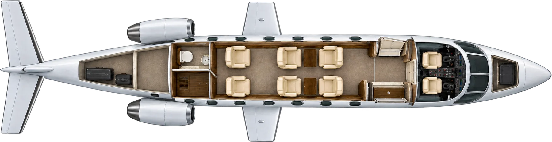 Top-down view of a Cessna Citation CJ3 cabin. Typical 6-passenger layout: a club of four, two forward-facing aft seats, forward refreshment center, aft lavatory.