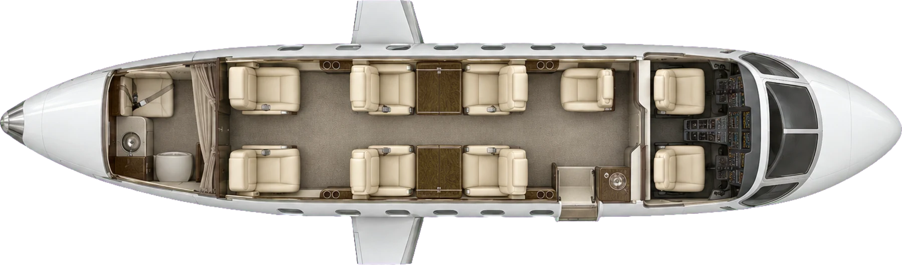 Top-down view of a Cessna Citation CJ4 cabin. Typical 7-passenger layout: a club of four, a side-facing seat, two aft seats, belted lavatory.