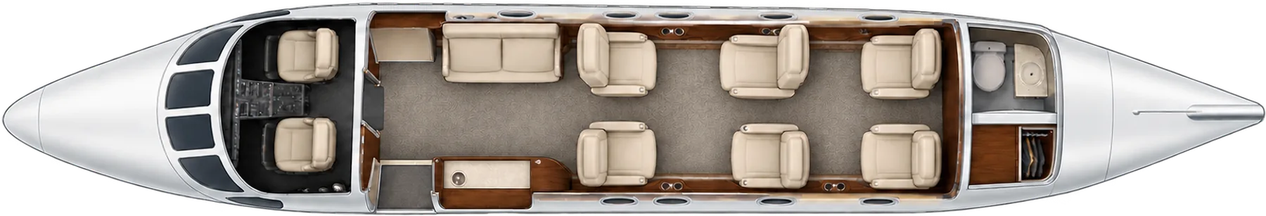 Top-down view of a Cessna Citation Encore cabin. Representative eight-passenger configuration: forward two-place divan, four-chair club and two aft chairs; two crew separate. Individual aircraft vary.