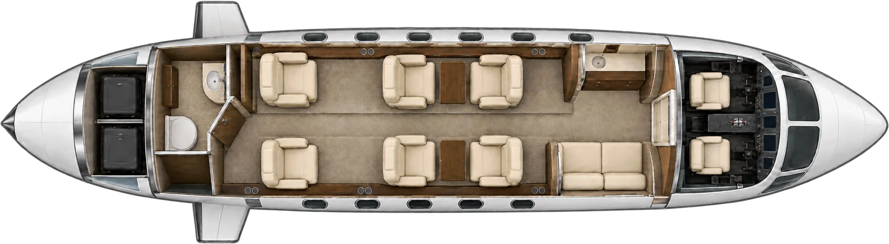 Top-down view of a Cessna Citation Excel / XLS cabin. Typical 8-passenger layout: a club of four, two aft forward-facing seats, a forward two-place divan, forward galley and aft lavatory.