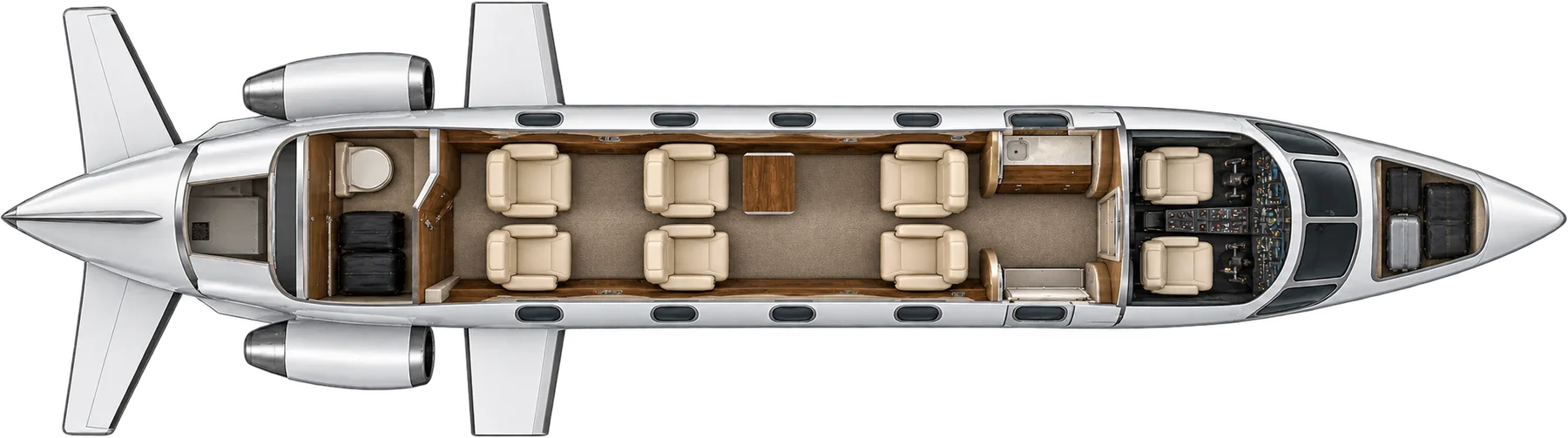 Top-down view of a Cessna Citation I/SP cabin. Typical 6-passenger layout: a club of four, two forward-facing aft seats, forward refreshment center, aft lavatory.