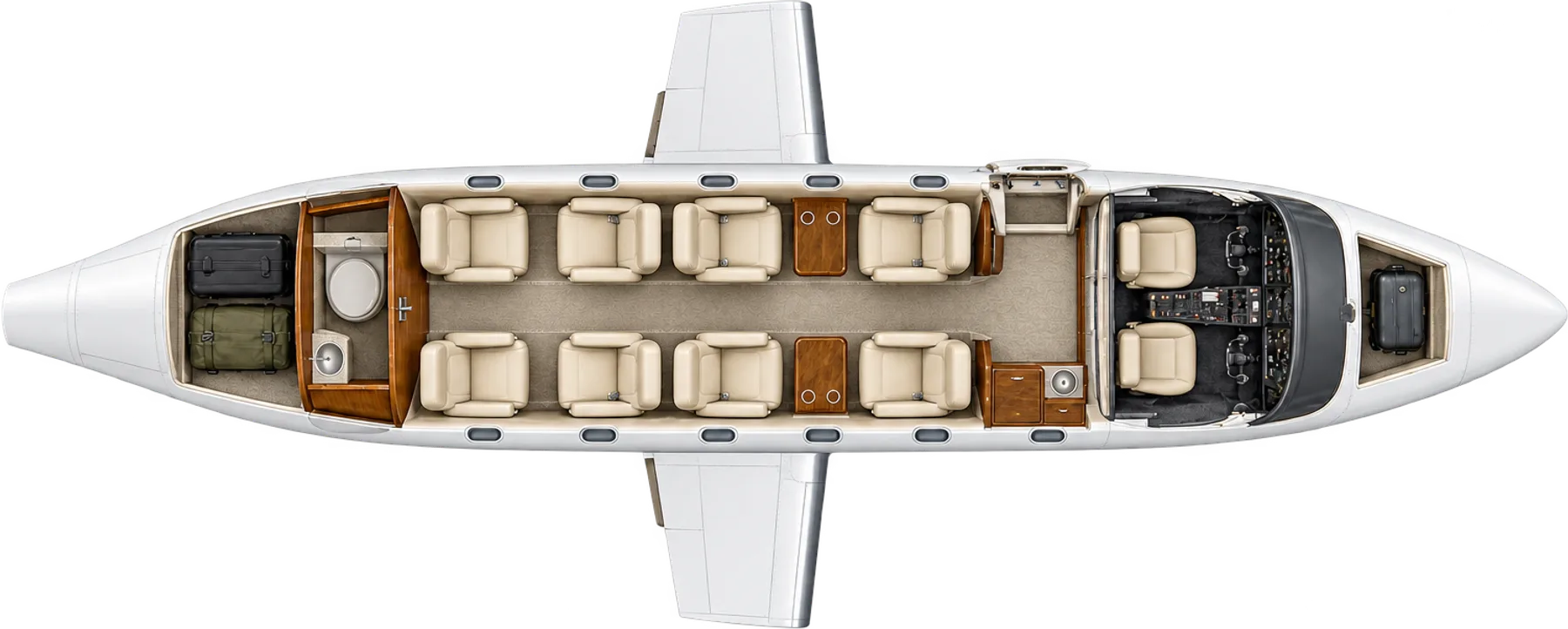 Top-down view of a Cessna Citation II cabin. Typical 8-passenger layout: two four-seat clubs, forward refreshment cabinet, aft lavatory and baggage.