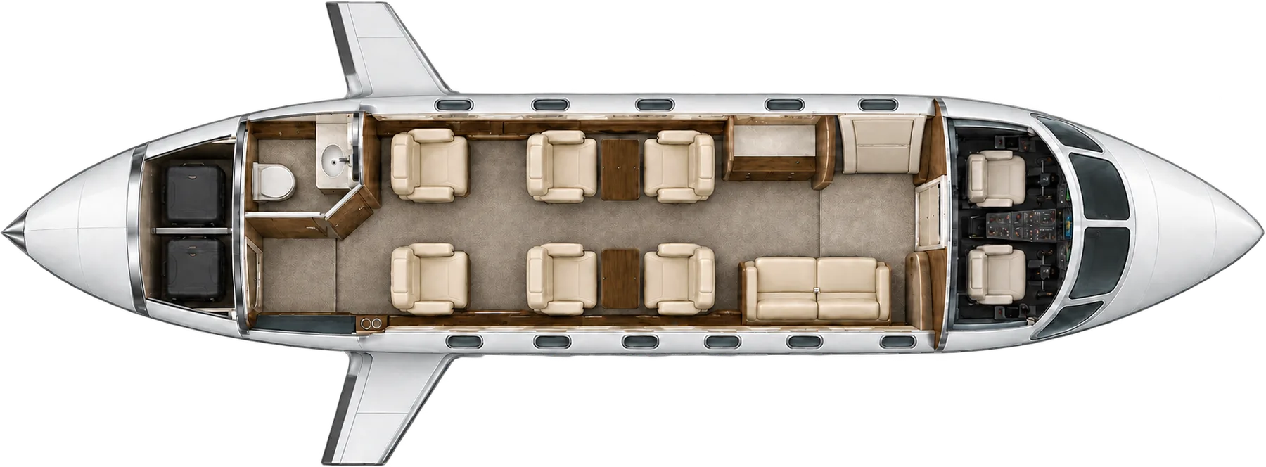 Top-down view of a Cessna Citation VI cabin. Typical 8-passenger layout: a center club of four, two forward-facing aft chairs, a forward two-place divan, aft lavatory.