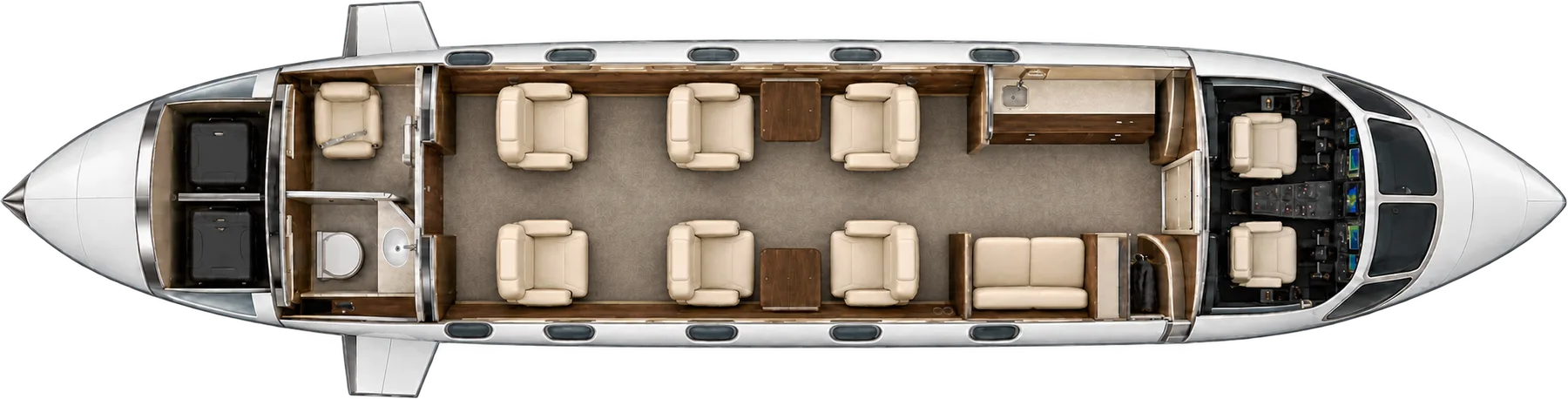 Top-down view of a Cessna Citation Latitude 680A cabin. Typical 9-passenger layout: a forward two-place divan, a club of four, two aft seats, and a belted seat in the aft lavatory.
