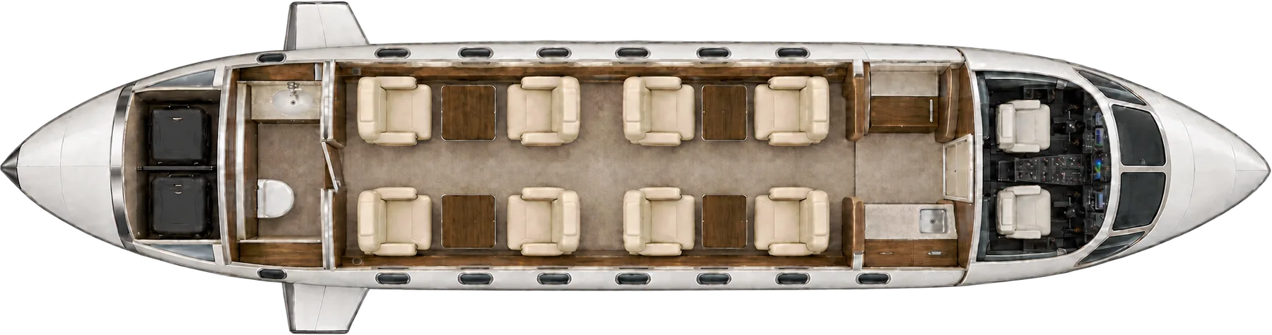Top-down view of a Cessna Citation Longitude cabin. Typical 8-passenger layout: two clubs of four, forward galley, aft lavatory and walk-in baggage.
