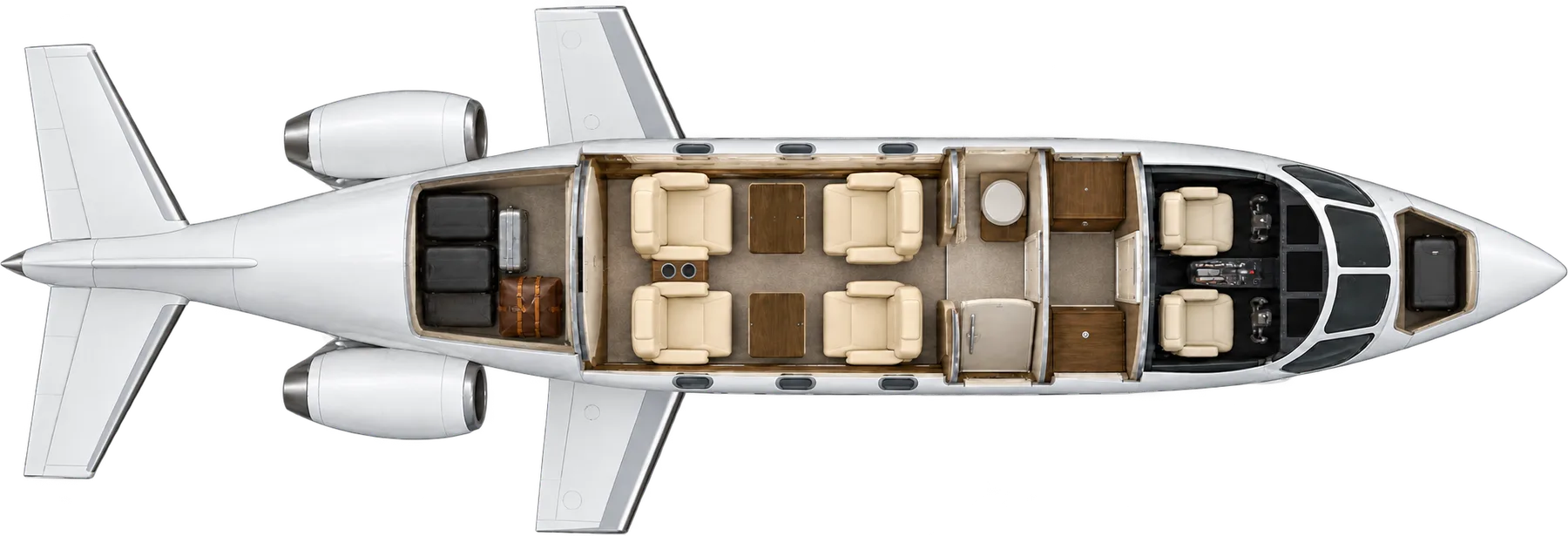 Top-down view of a Cessna Citation Mustang cabin. Typical 4-passenger layout: a club of four, forward toilet, beverage storage, nose and tail baggage.
