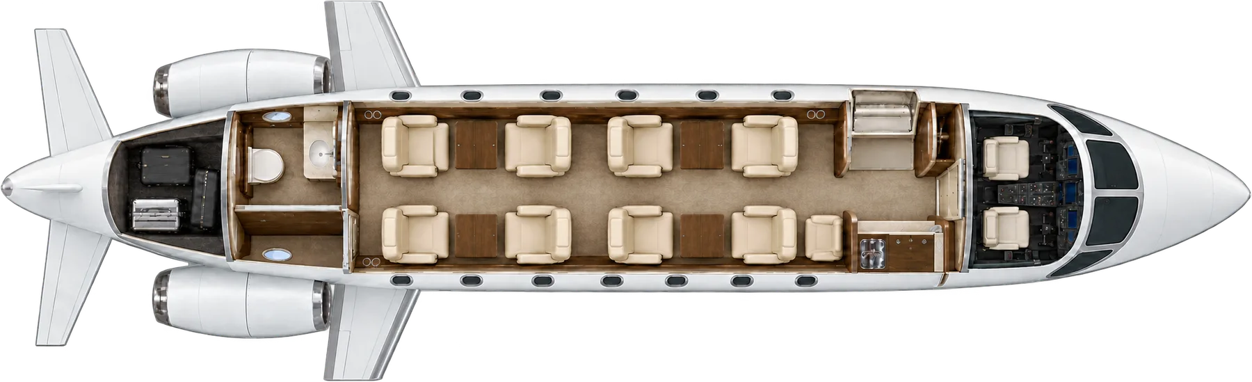 Top-down view of a Cessna Citation Sovereign cabin. Typical 9-passenger layout: two clubs of four, one forward side-facing seat, forward galley, aft lavatory.