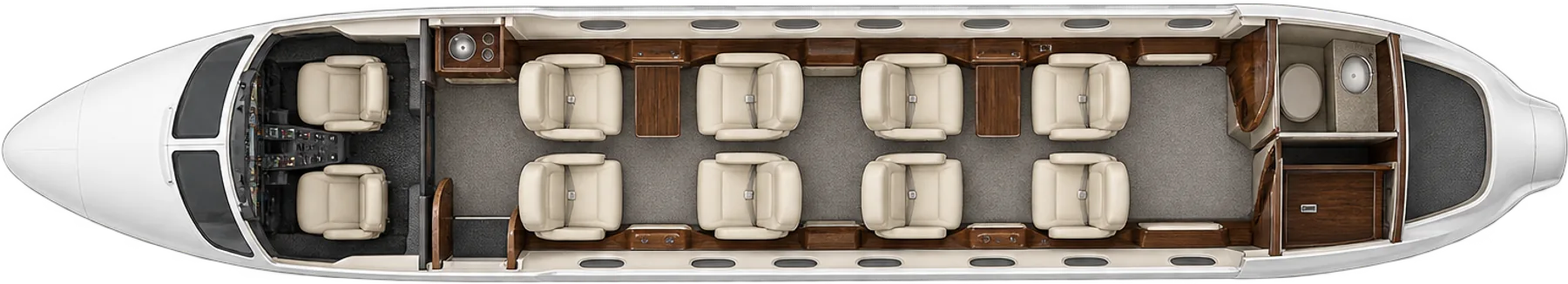 Top-down view of a Cessna Citation Ultra cabin. Representative eight-passenger double-club layout: two four-chair clubs, two pilots separate, forward refreshment and aft lavatory; individual interiors vary.