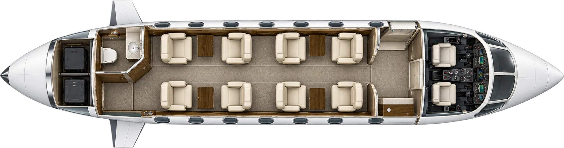 Top-down view of a Cessna Citation V Ultra cabin. Typical 8-passenger layout: two four-seat clubs, forward refreshment center, aft belted lavatory.