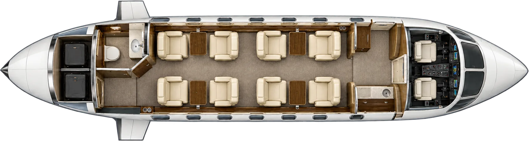 Top-down view of a Cessna Citation X cabin. Typical 8-passenger layout: two clubs of four, forward galley, aft lavatory and separate baggage hold.