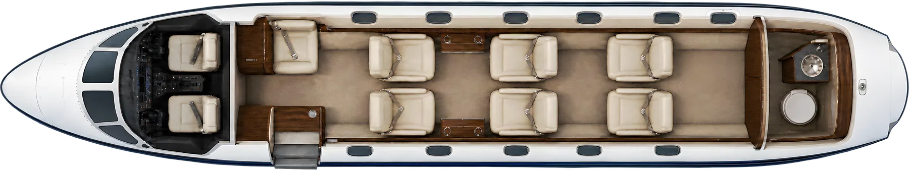 Top-down view of a Cessna Citation XLS+ cabin. Illustrated XLS+ example: six main pedestal chairs in one club plus an aft pair, one forward side-facing chair and two cockpit seats. Optional removable aft side-facing chair omitted. Toilet excluded from passenger count. Fuselage cutaway only.