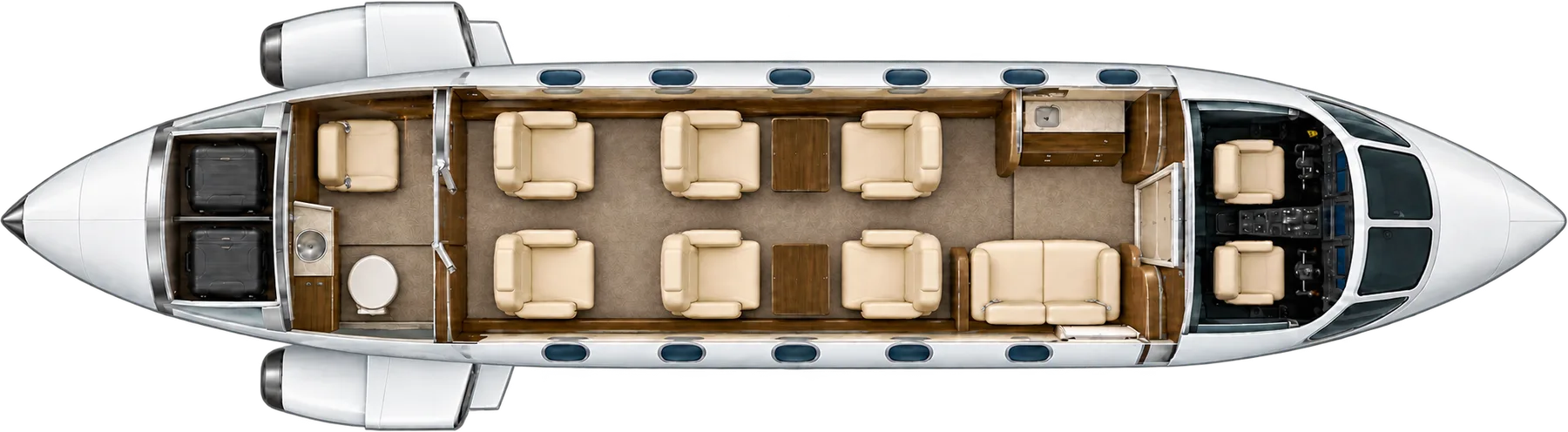 Top-down view of a Cessna Citation XLS+ cabin. Typical 9-passenger layout: a forward two-place divan, a club of four, two aft seats, and an aft belted seat opposite the lavatory toilet.