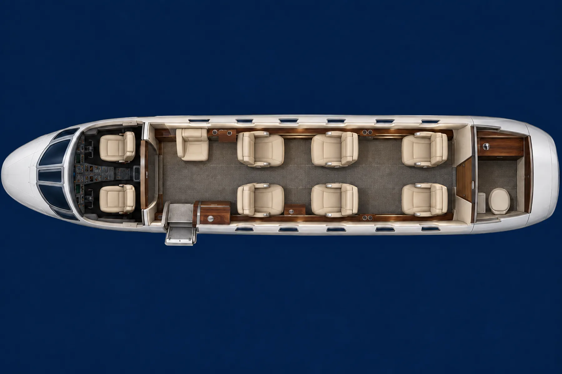Top-down view of a Cessna Citation XLS cabin. Representative 7-passenger layout: four-seat club, two aft forward-facing chairs and one forward side-facing seat. Interiors vary by aircraft.
