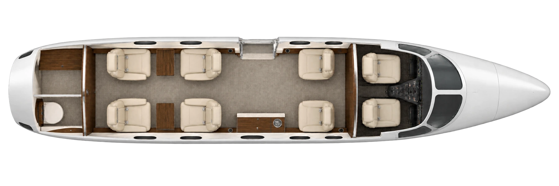 Top-down view of a Citation II/SP cabin. Citation II/SP six-chair training example: two forward aft-facing chairs and an aft club of four. Cockpit chairs and the separate toilet are excluded. This differs from the cabin detail example; actual completions vary.