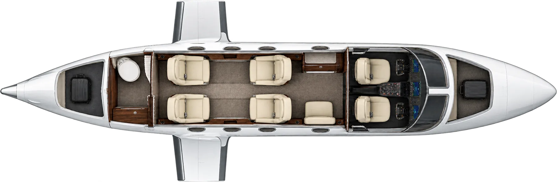 Top-down view of a Cessna Citation CJ1+ cabin. Typical 5-passenger layout: a club of four, one forward side-facing seat, aft lavatory.