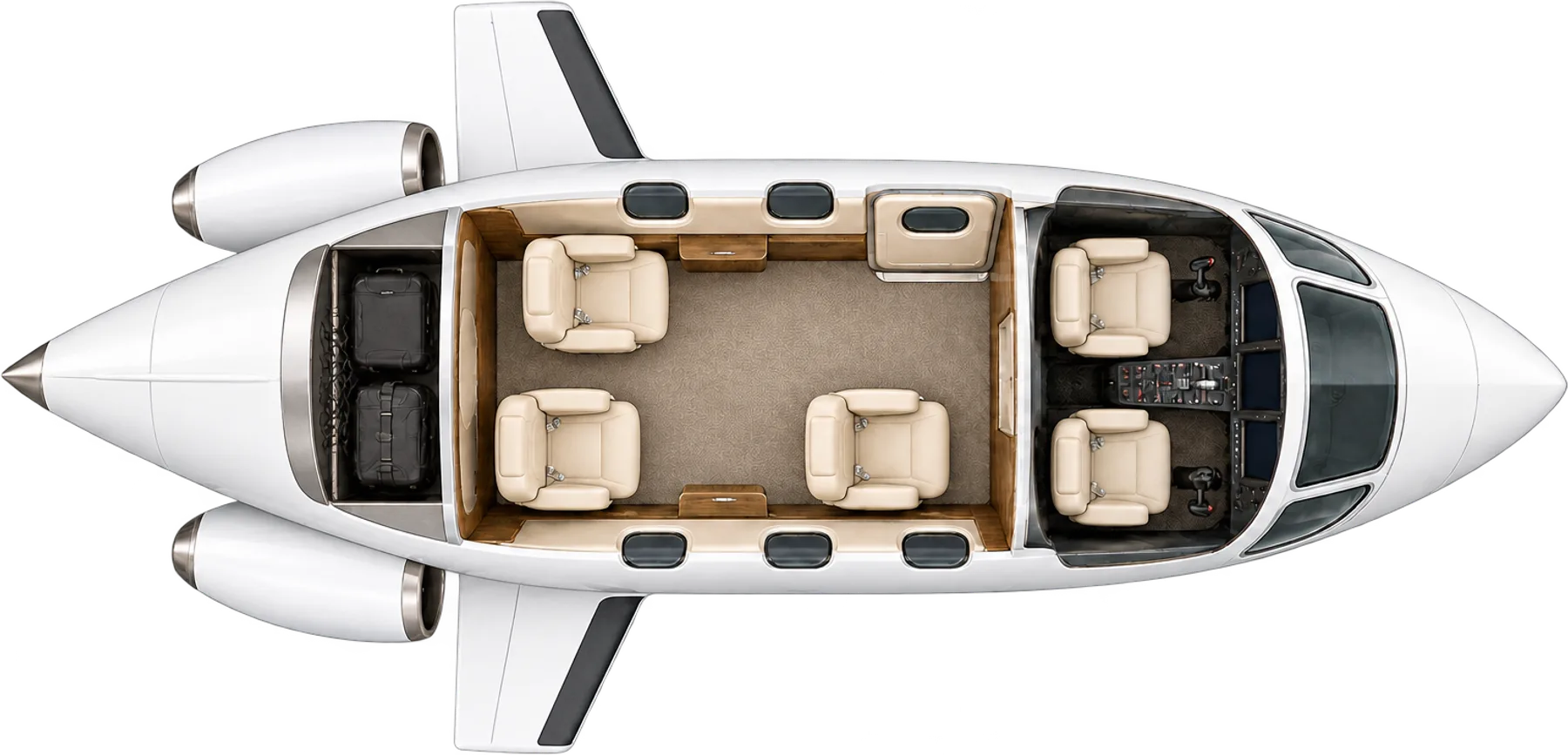 Top-down view of a Eclipse 550 cabin. Typical 3-passenger layout: three staggered forward-facing seats, aft baggage stowage, no galley or lavatory.